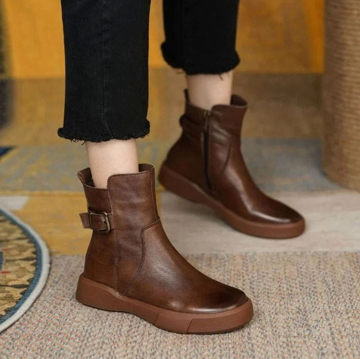 Women's Leather Buckle-Accent Flatform Ankle Boots