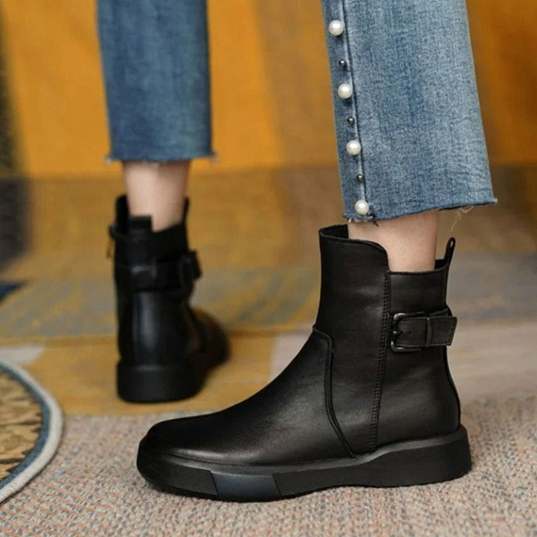 Women's Leather Buckle-Accent Flatform Ankle Boots