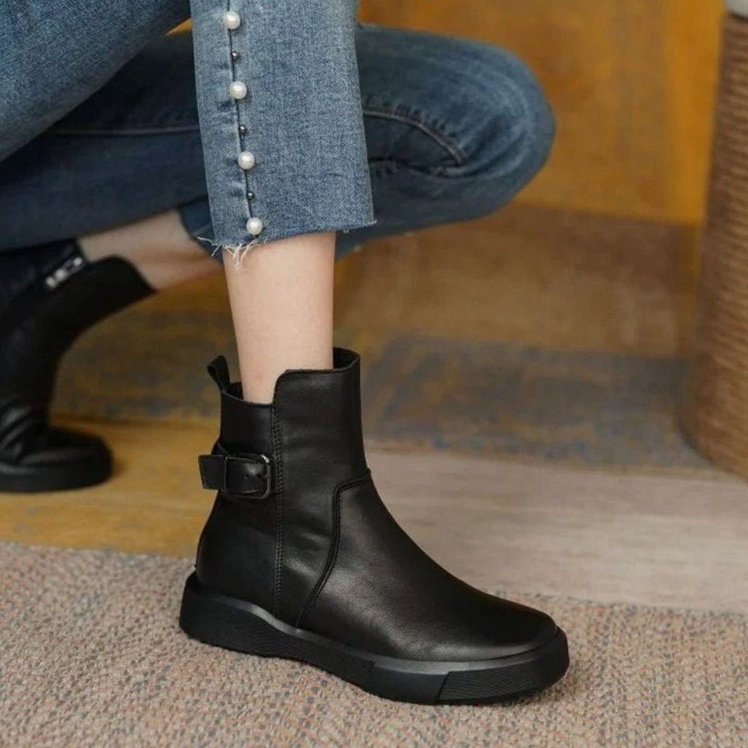 Women's Leather Buckle-Accent Flatform Ankle Boots