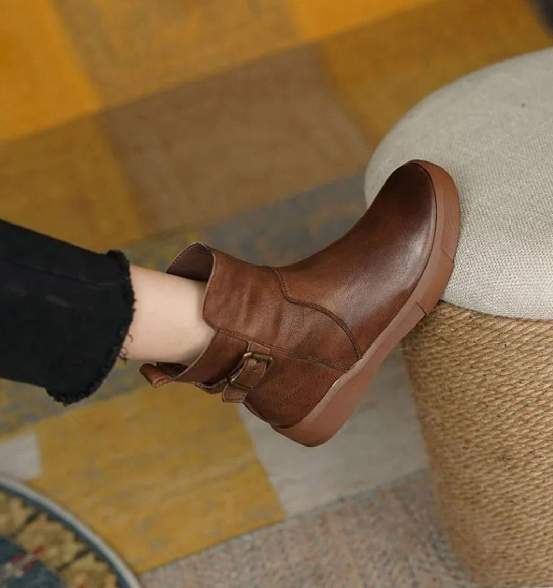 Women's Leather Buckle-Accent Flatform Ankle Boots