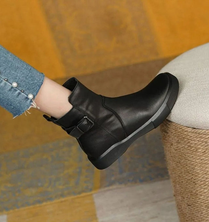 Women's Leather Buckle-Accent Flatform Ankle Boots