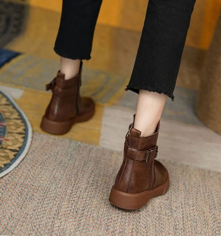 Women's Leather Buckle-Accent Flatform Ankle Boots