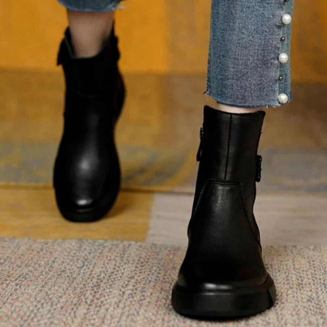 Women's Leather Buckle-Accent Flatform Ankle Boots - Black