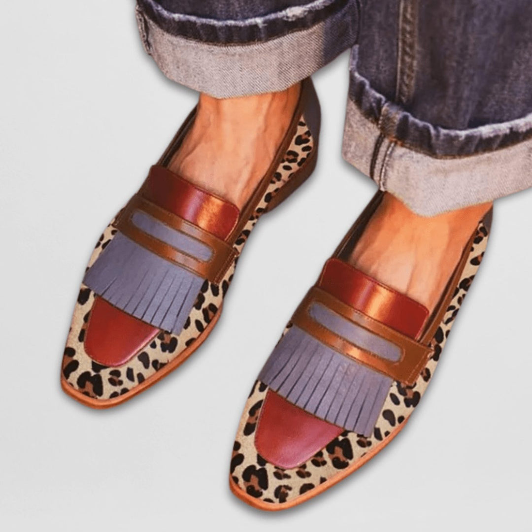 Women's Leopard Print Fringe Flat Leather Loafers - Brown
