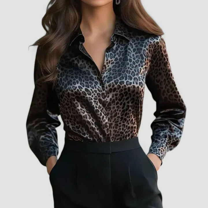 Women's Leopard Print Long-Sleeve Lapel Elegant Blouse - Black