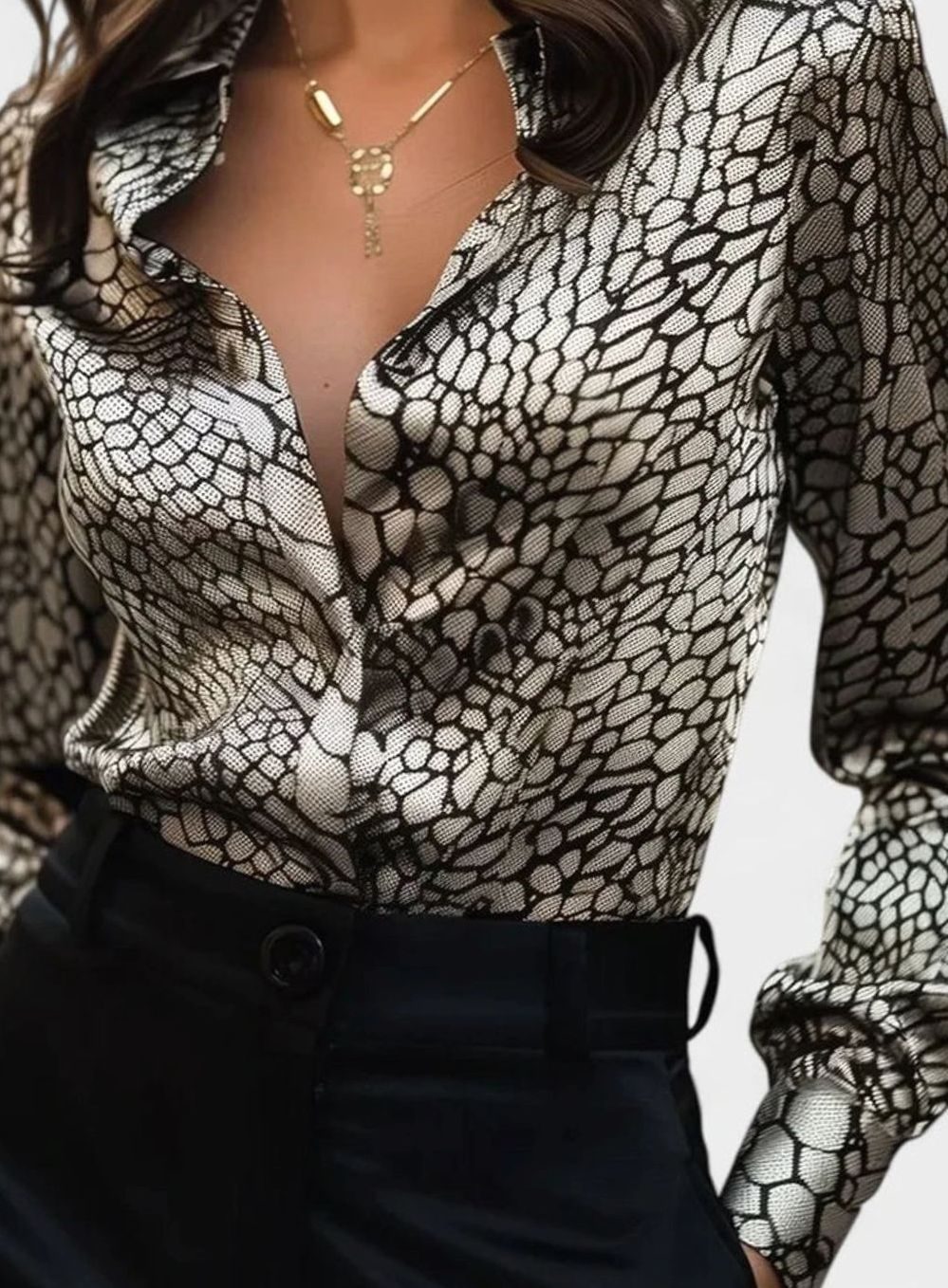 Women's Leopard Print Long-Sleeve Lapel Elegant Blouse