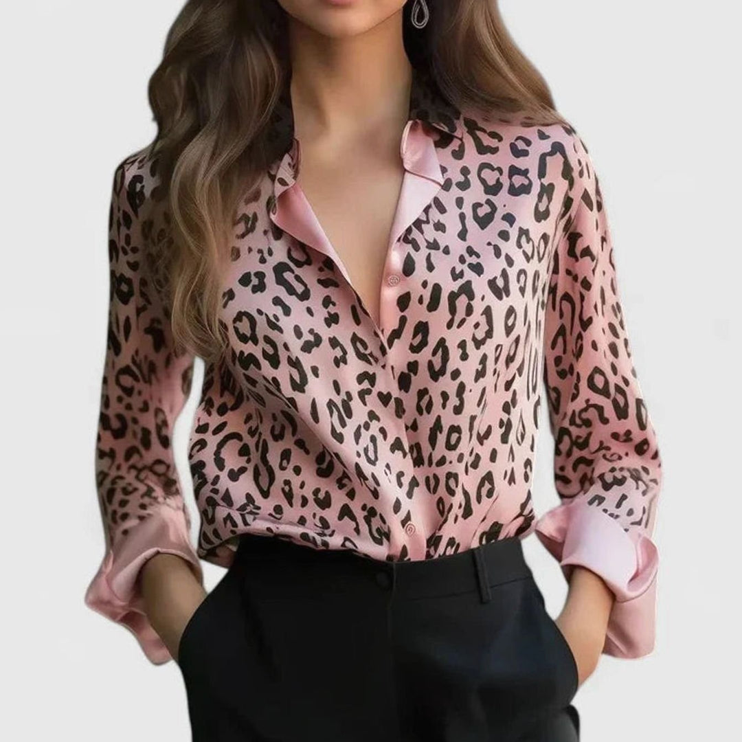 Women's Leopard Print Long-Sleeve Lapel Elegant Blouse - Pink