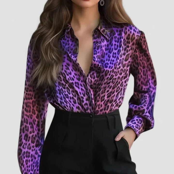 Women's Leopard Print Long-Sleeve Lapel Elegant Blouse - Purple