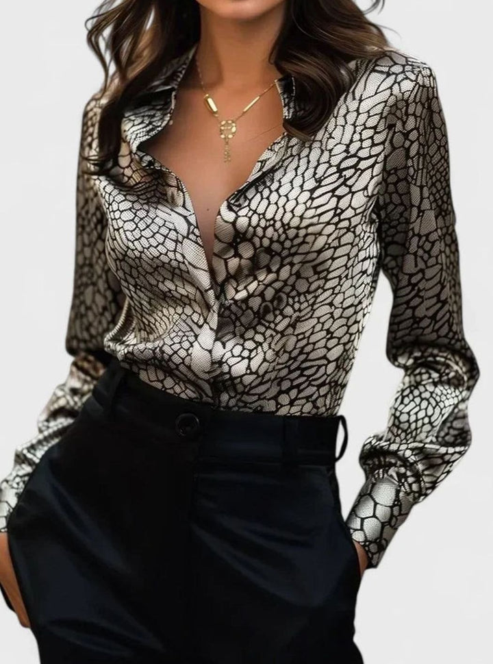 Women's Leopard Print Long-Sleeve Lapel Elegant Blouse - Gray