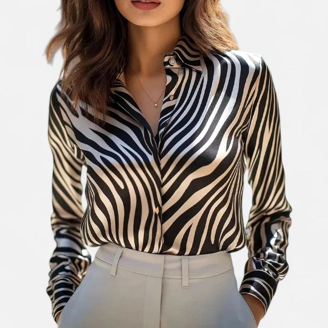 Women's Leopard Print Long-Sleeve Lapel Elegant Blouse - Black White
