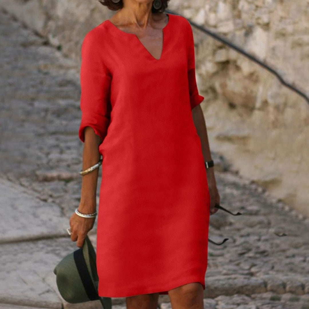 Women's Loose-Fit V-Neck Half-Sleeve Casual Midi Dress - Red