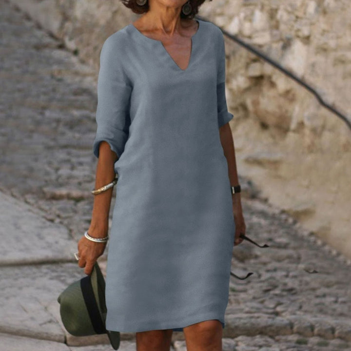 Women's Loose-Fit V-Neck Half-Sleeve Casual Midi Dress - Grey