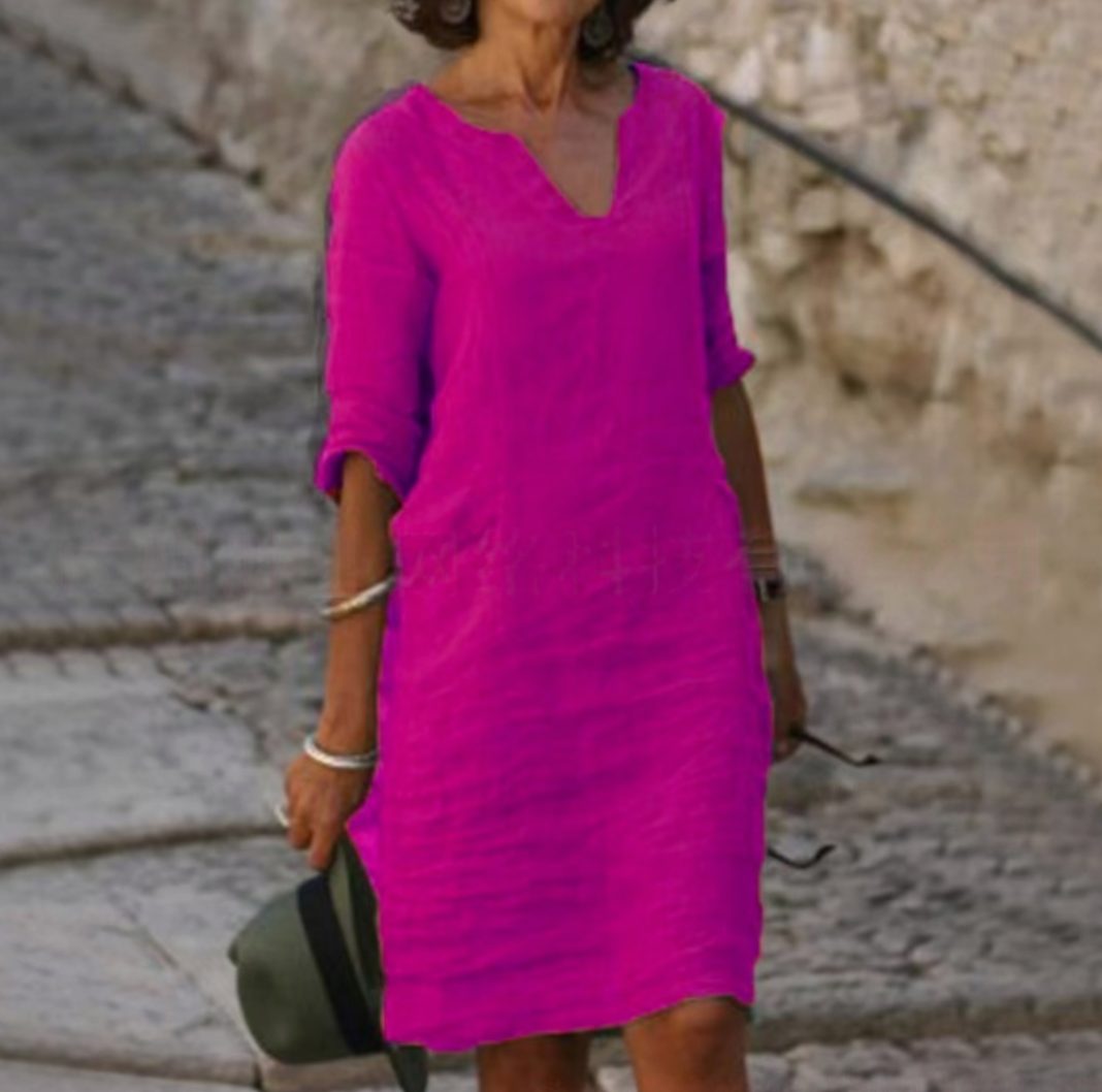 Women's Loose-Fit V-Neck Half-Sleeve Casual Midi Dress - Lilac
