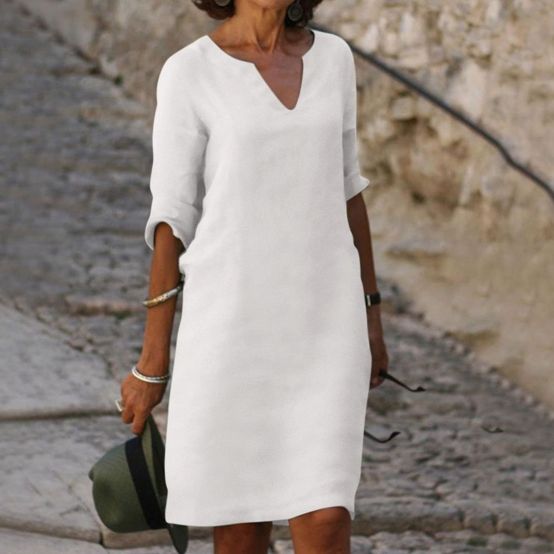Women's Loose-Fit V-Neck Half-Sleeve Casual Midi Dress - White