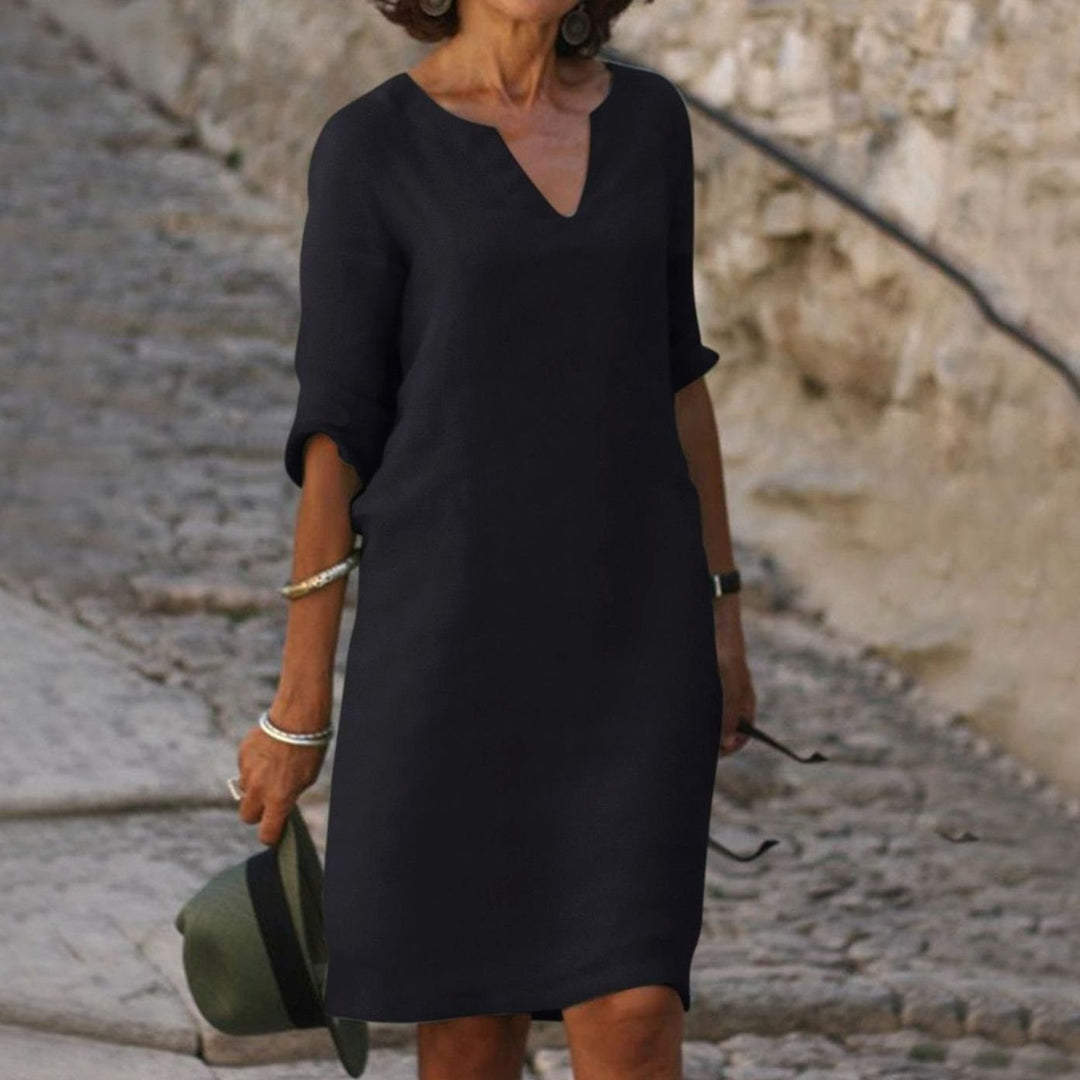 Women's Loose-Fit V-Neck Half-Sleeve Casual Midi Dress - Black