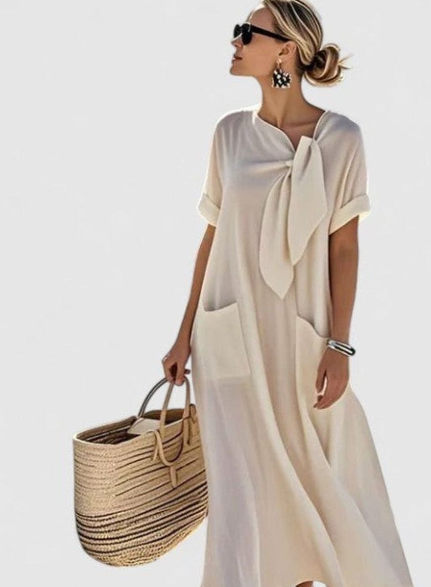 Women's Loose Flowing Dress Neck-Tie Short-Sleeve Maxi Pockets - Beige