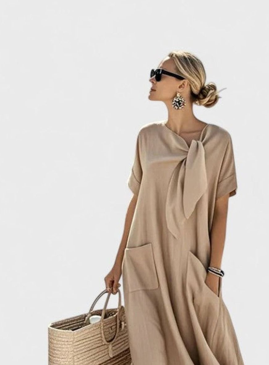 Women's Loose Flowing Dress Neck-Tie Short-Sleeve Maxi Pockets - Khaki