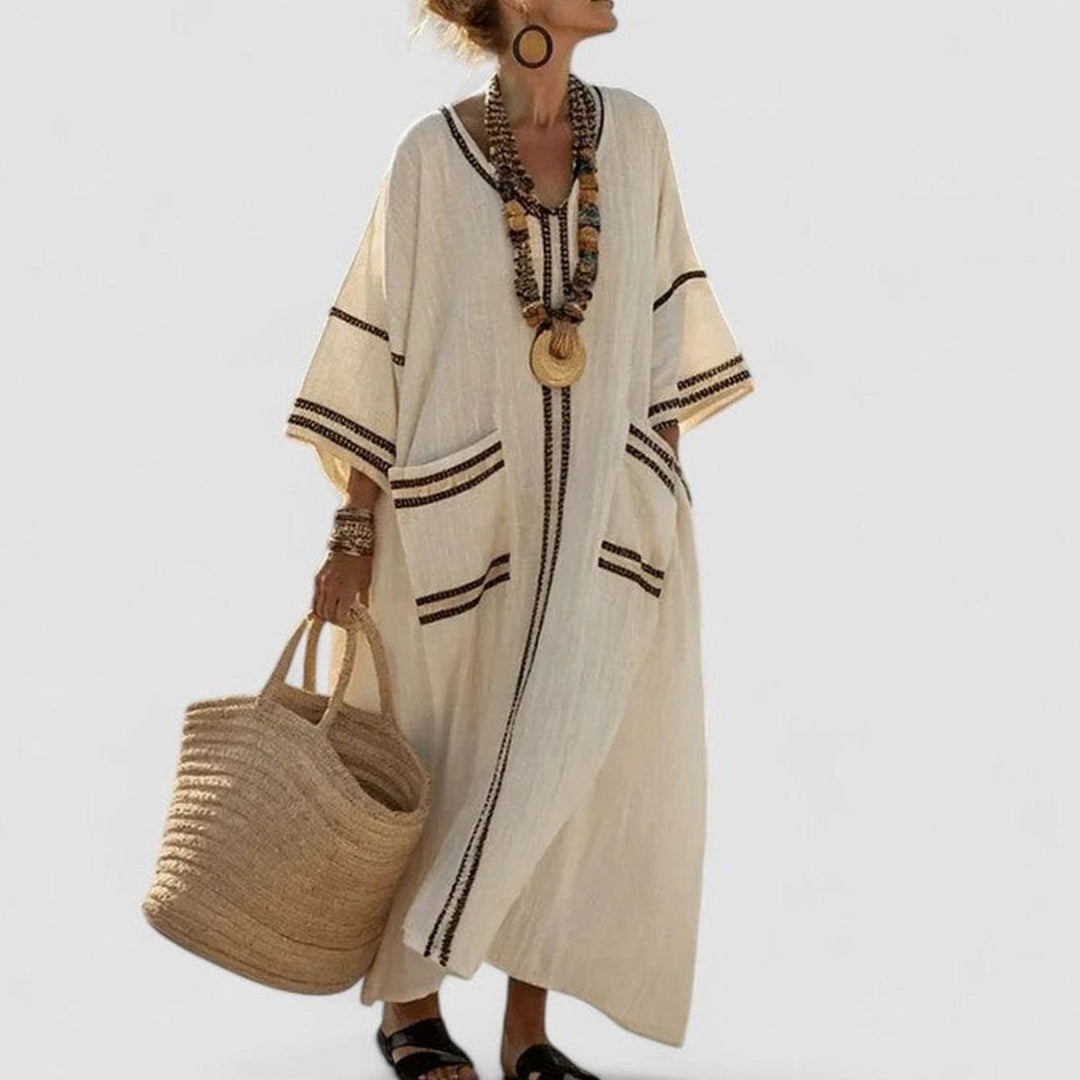 Women's Loose V-Neck Striped Bohemian Maxi Dress Pockets - Grey