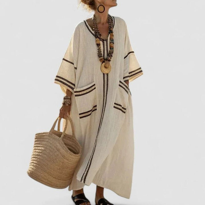 Women's Loose V-Neck Striped Bohemian Maxi Dress Pockets - Grey