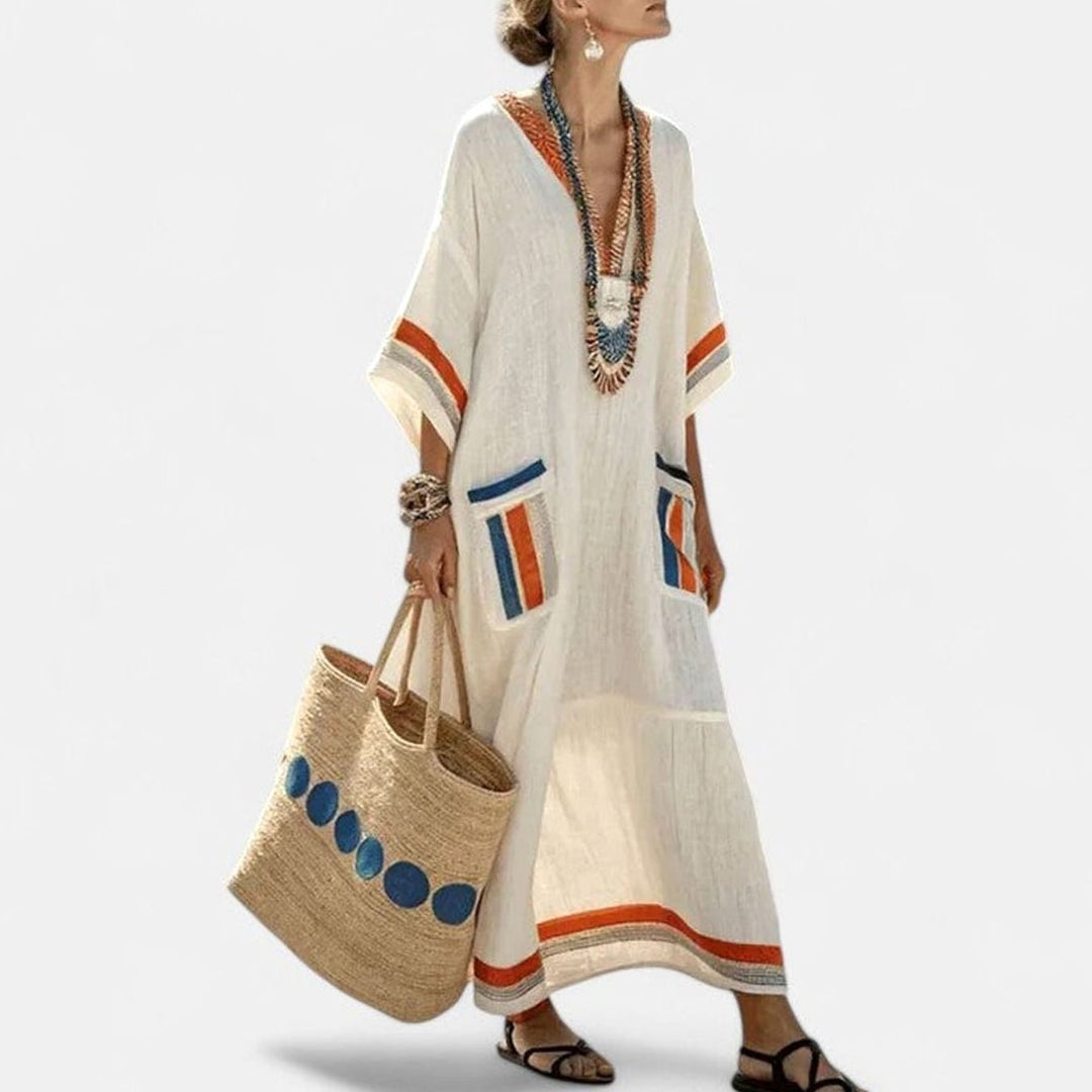 Women's Loose V-Neck Striped Bohemian Maxi Dress Pockets - A1
