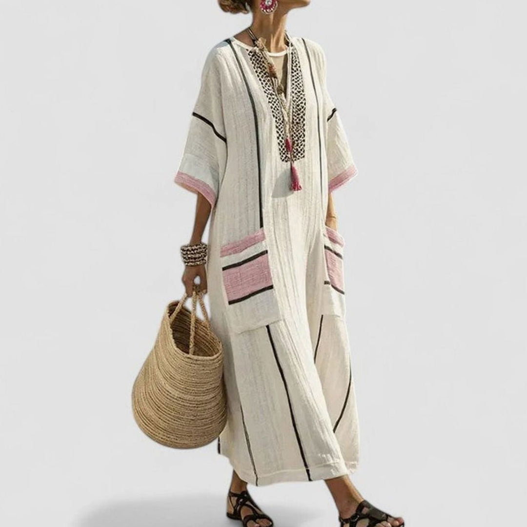 Women's Loose V-Neck Striped Bohemian Maxi Dress Pockets - Black Pink