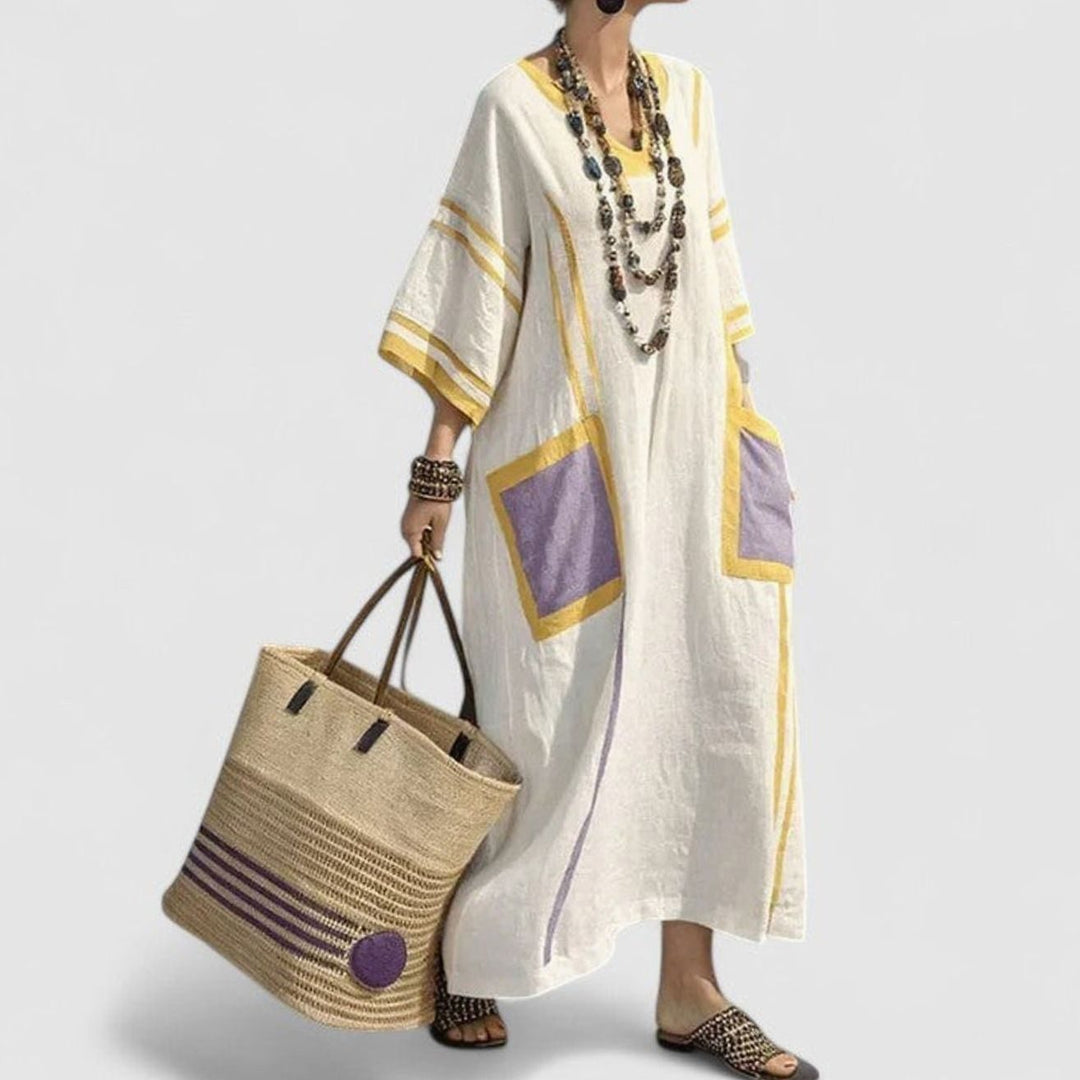 Women's Loose V-Neck Striped Bohemian Maxi Dress Pockets - Yellow Purple