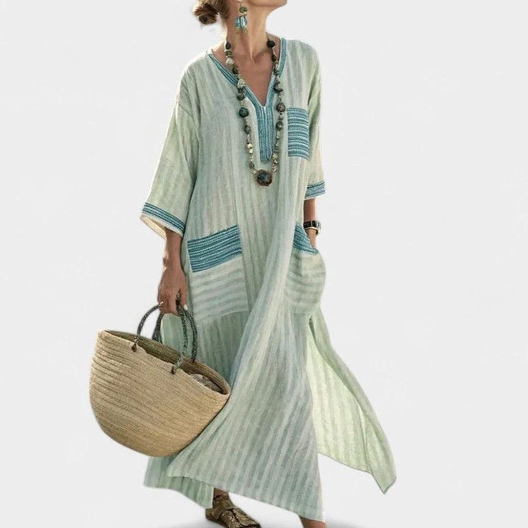 Women's Loose V-Neck Striped Bohemian Maxi Dress Pockets - Dark Green