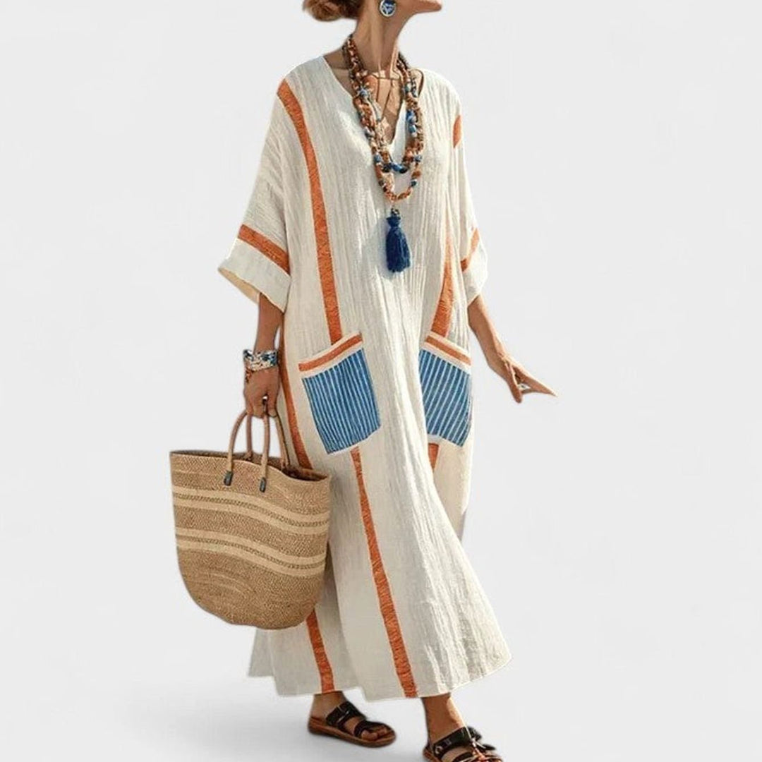 Women's Loose V-Neck Striped Bohemian Maxi Dress Pockets - Orange Blue