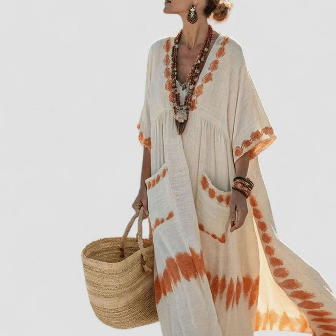 Women's Loose V-Neck Striped Bohemian Maxi Dress Pockets - Orange
