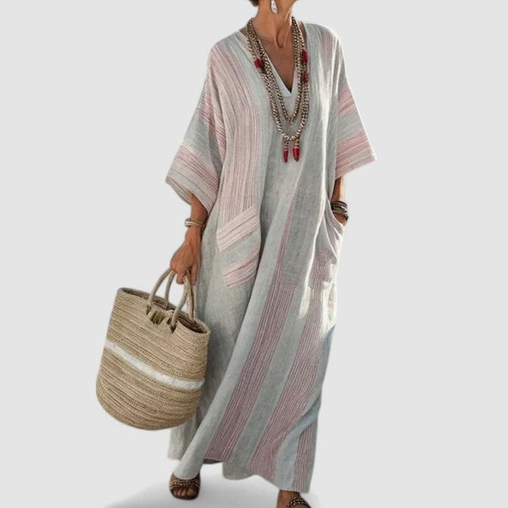 Women's Loose V-Neck Striped Bohemian Maxi Dress Pockets