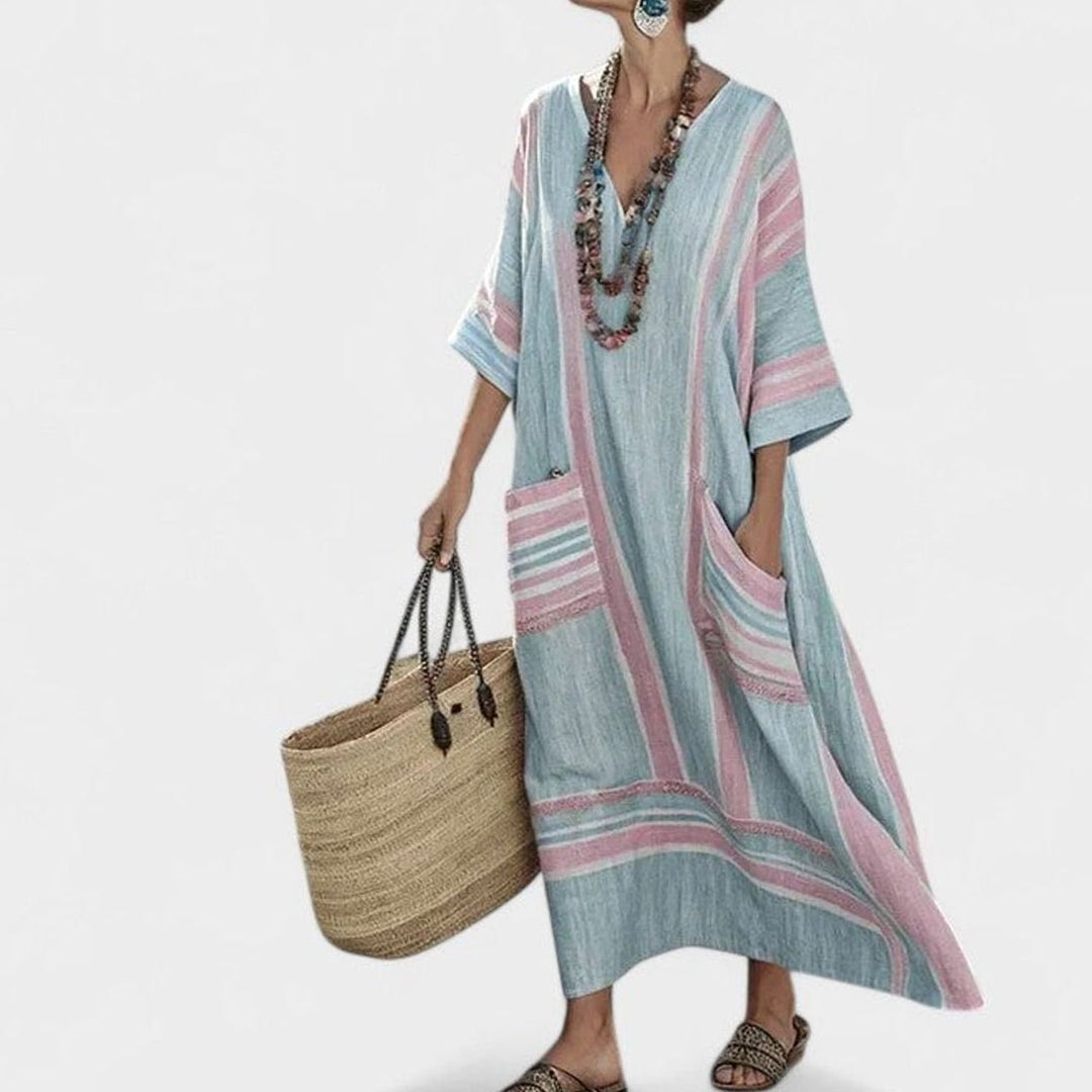 Women's Loose V-Neck Striped Bohemian Maxi Dress Pockets - Pink Green