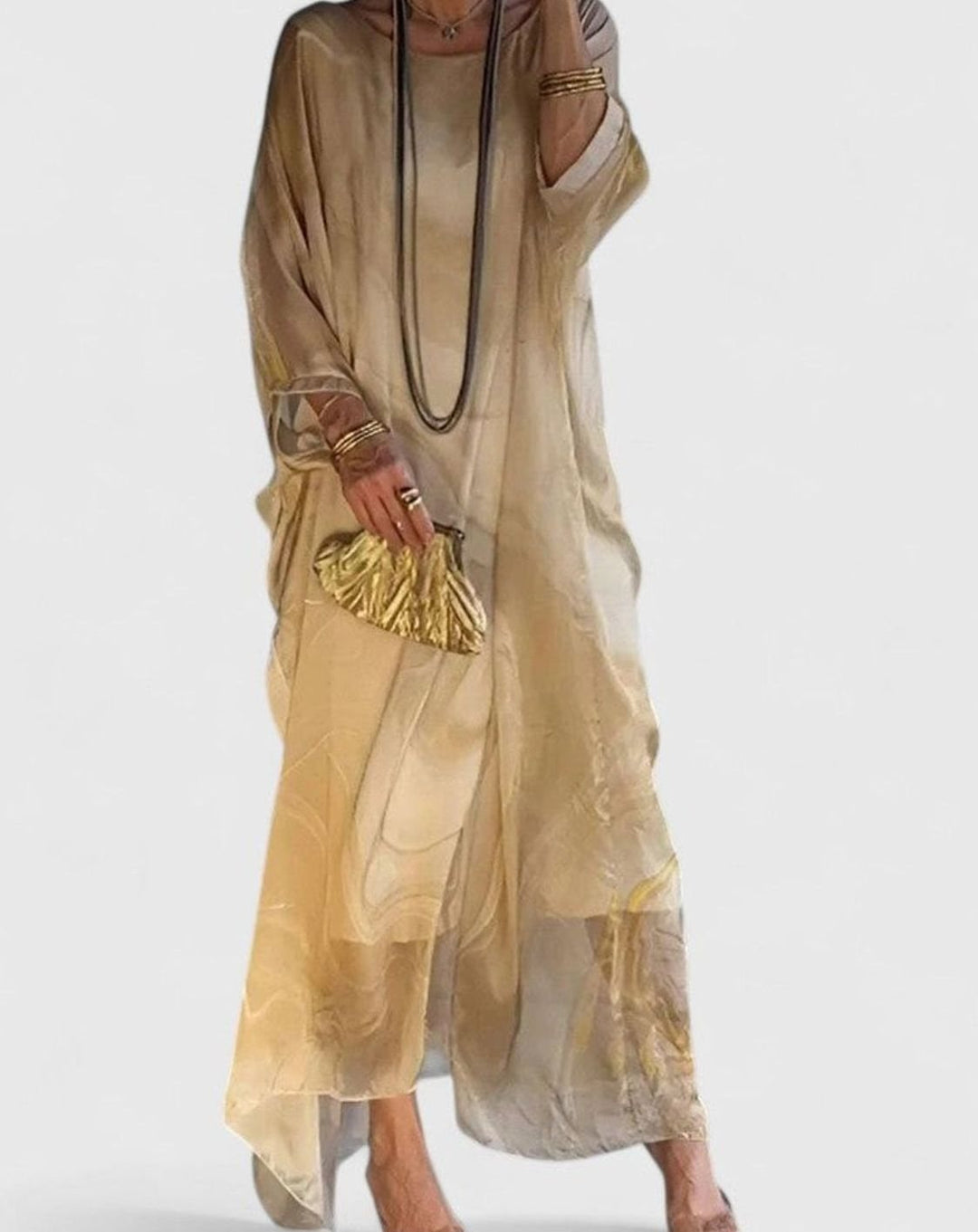 Women's Marble-Print Batwing-Sleeve Elegant Dress Maxi Kaftan - Yellow