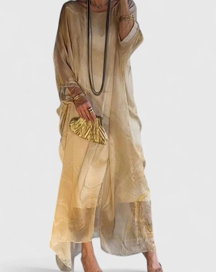 Women's Marble-Print Batwing-Sleeve Elegant Dress Maxi Kaftan - Yellow