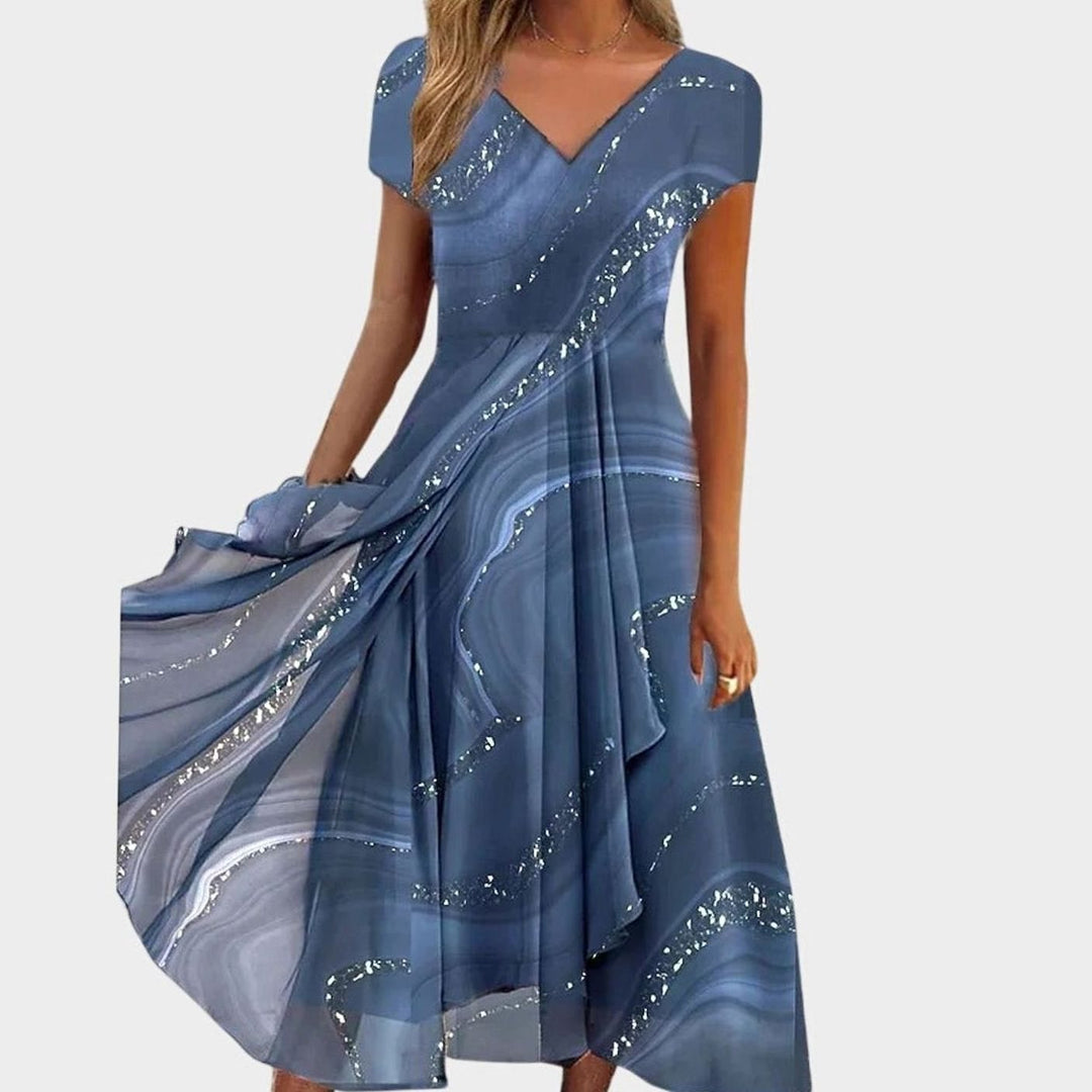 Women's Marble Swirl Print V-Neck Flowing Midi Dress - Blue