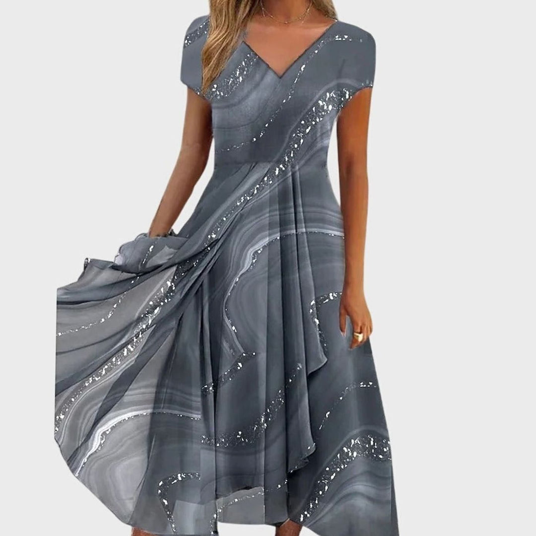 Women's Marble Swirl Print V-Neck Flowing Midi Dress - Gray