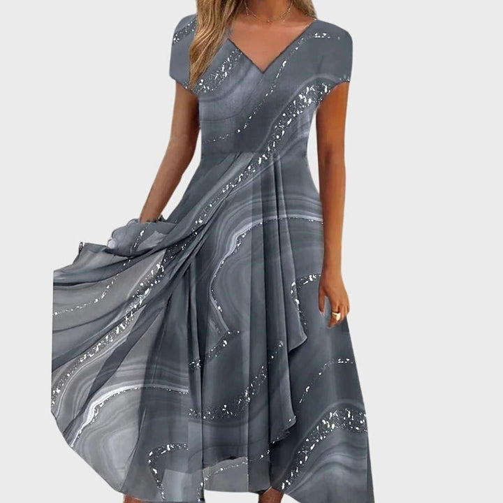 Women's Marble Swirl Print V-Neck Flowing Midi Dress - Gray