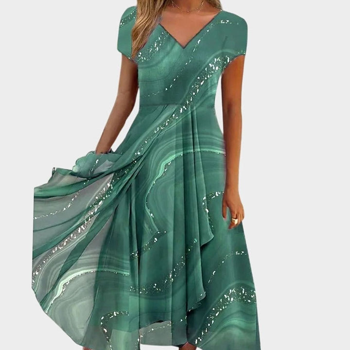 Women's Marble Swirl Print V-Neck Flowing Midi Dress - Green