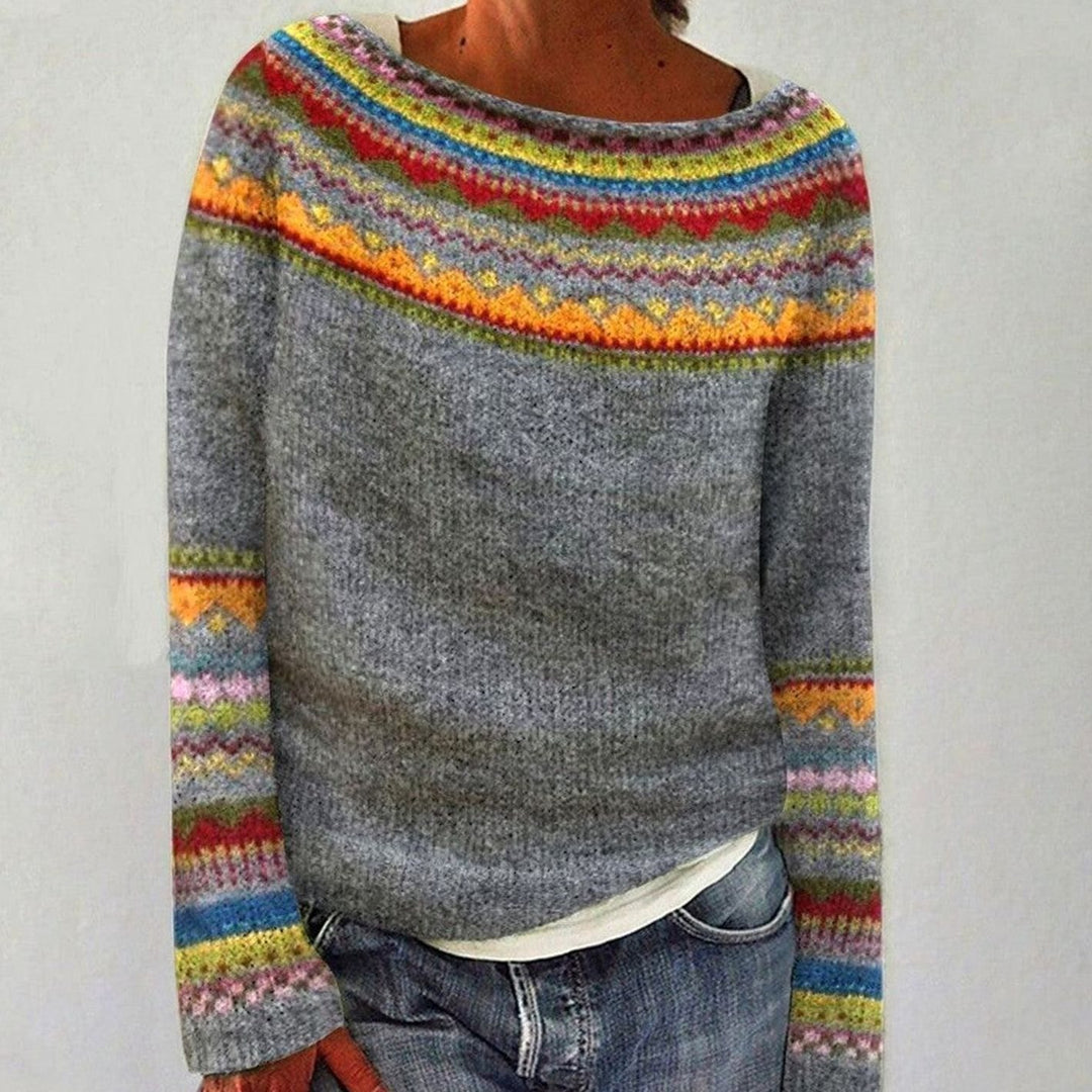 Women's Merino Wool Fair Isle Striped Crewneck Sweater - Gray