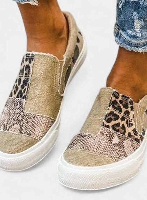 Women's Mixed Animal Print Slip-On Sneakers Arch Support Non-Slip Sole - Khaki