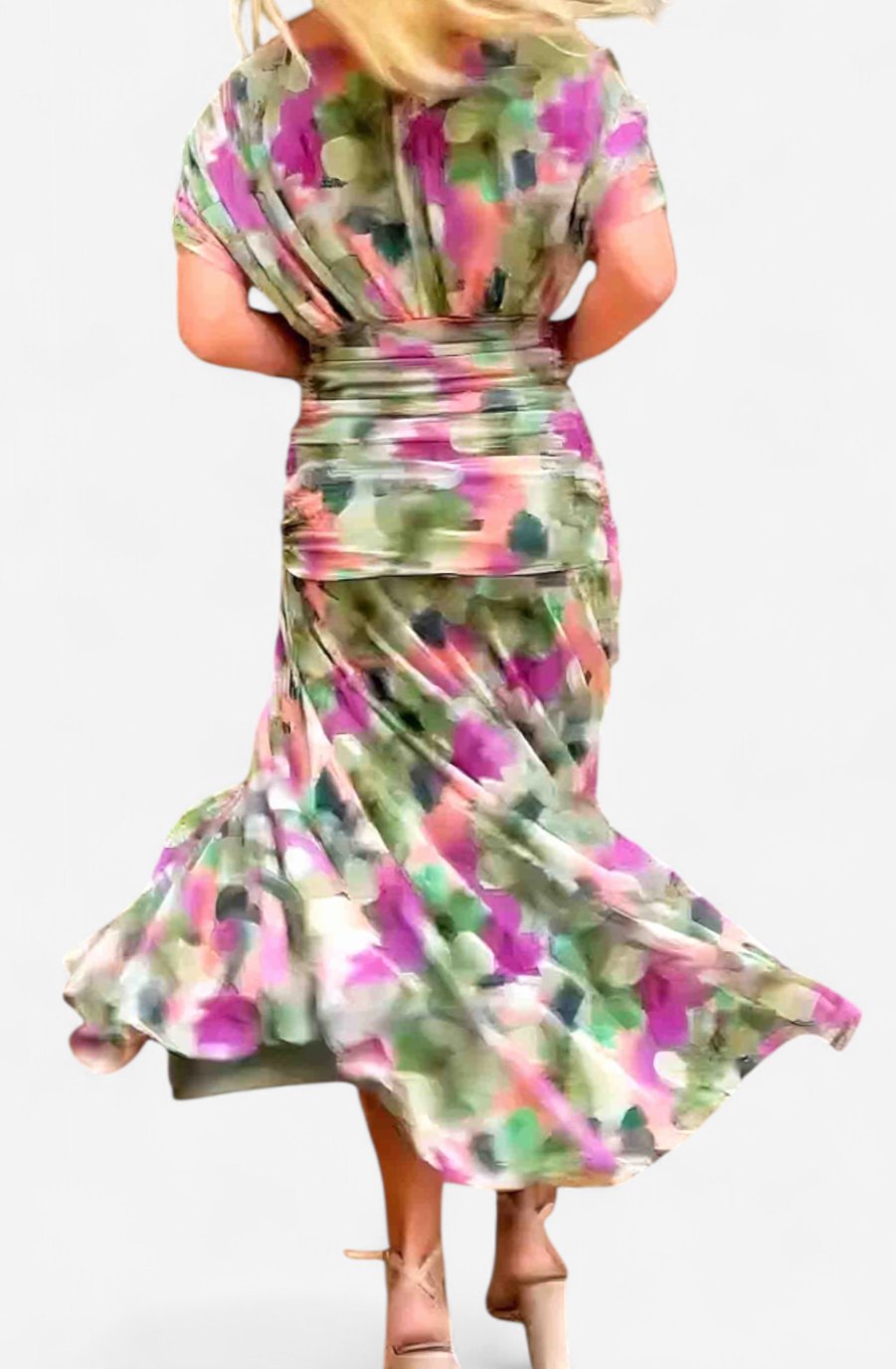 Women's Off-Shoulder V-Neck Pleated-Waist Elegant Maxi Dress