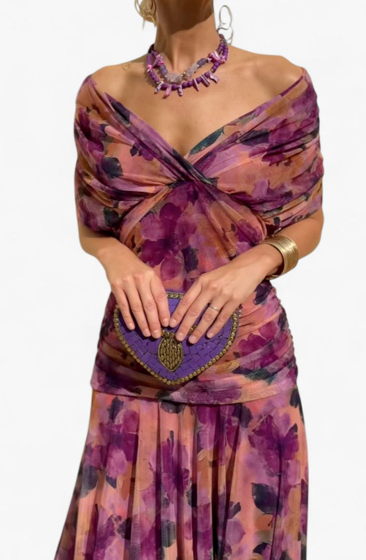 Women's Off-Shoulder V-Neck Pleated-Waist Elegant Maxi Dress - Purple