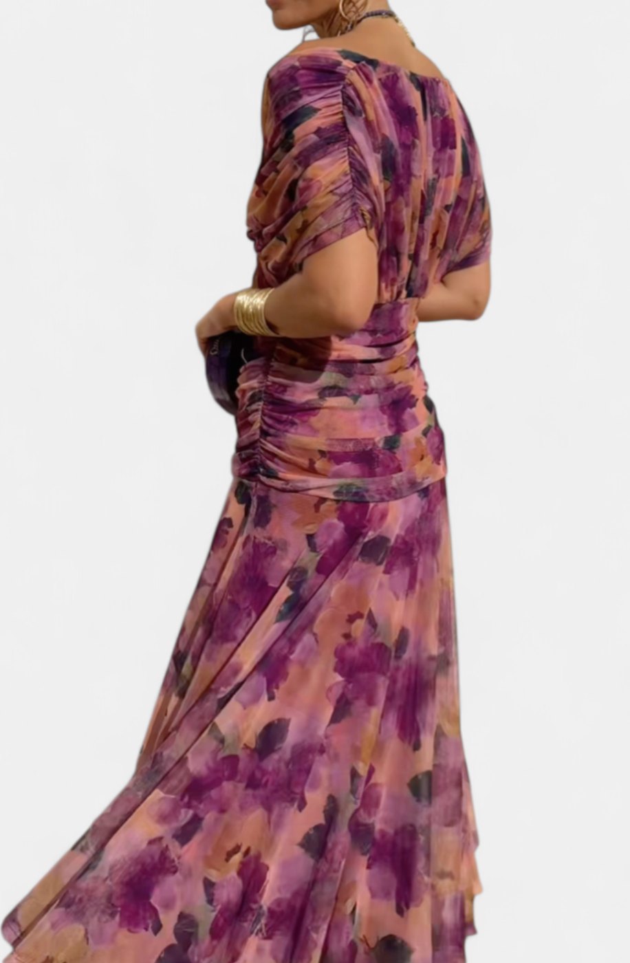Women's Off-Shoulder V-Neck Pleated-Waist Elegant Maxi Dress