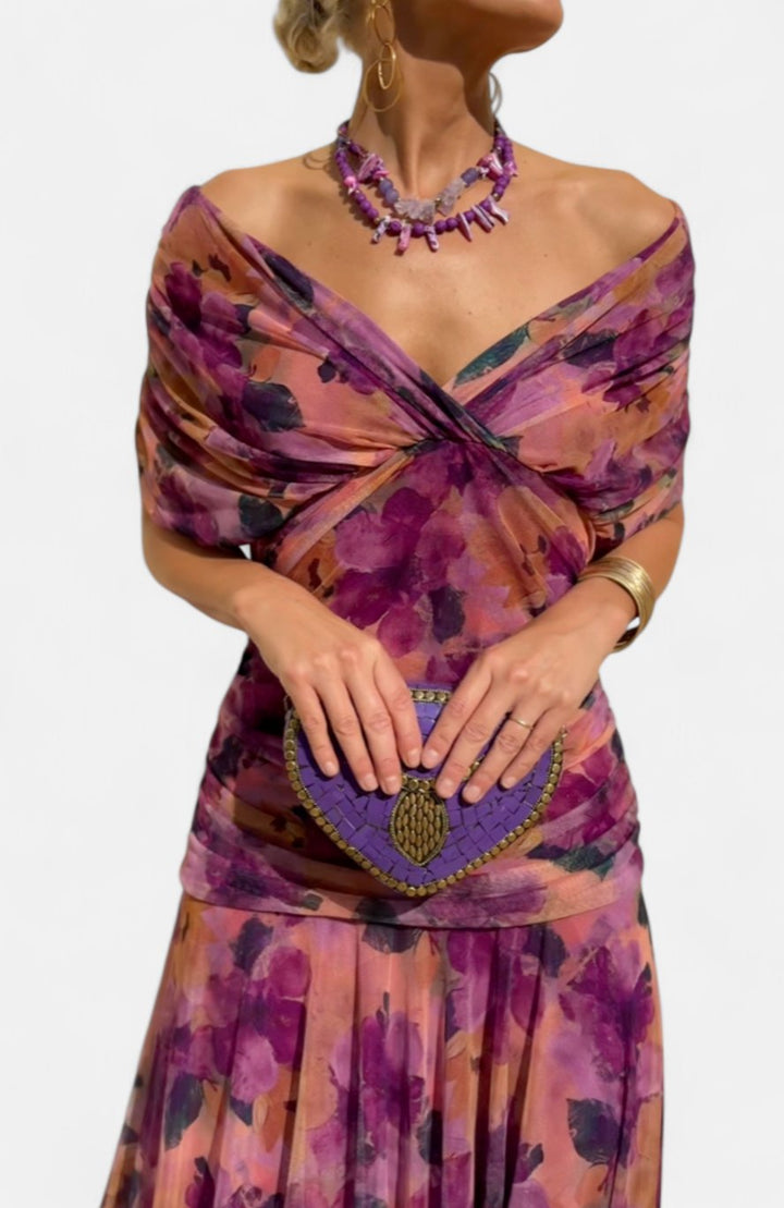 Women's Off-Shoulder V-Neck Pleated-Waist Elegant Maxi Dress