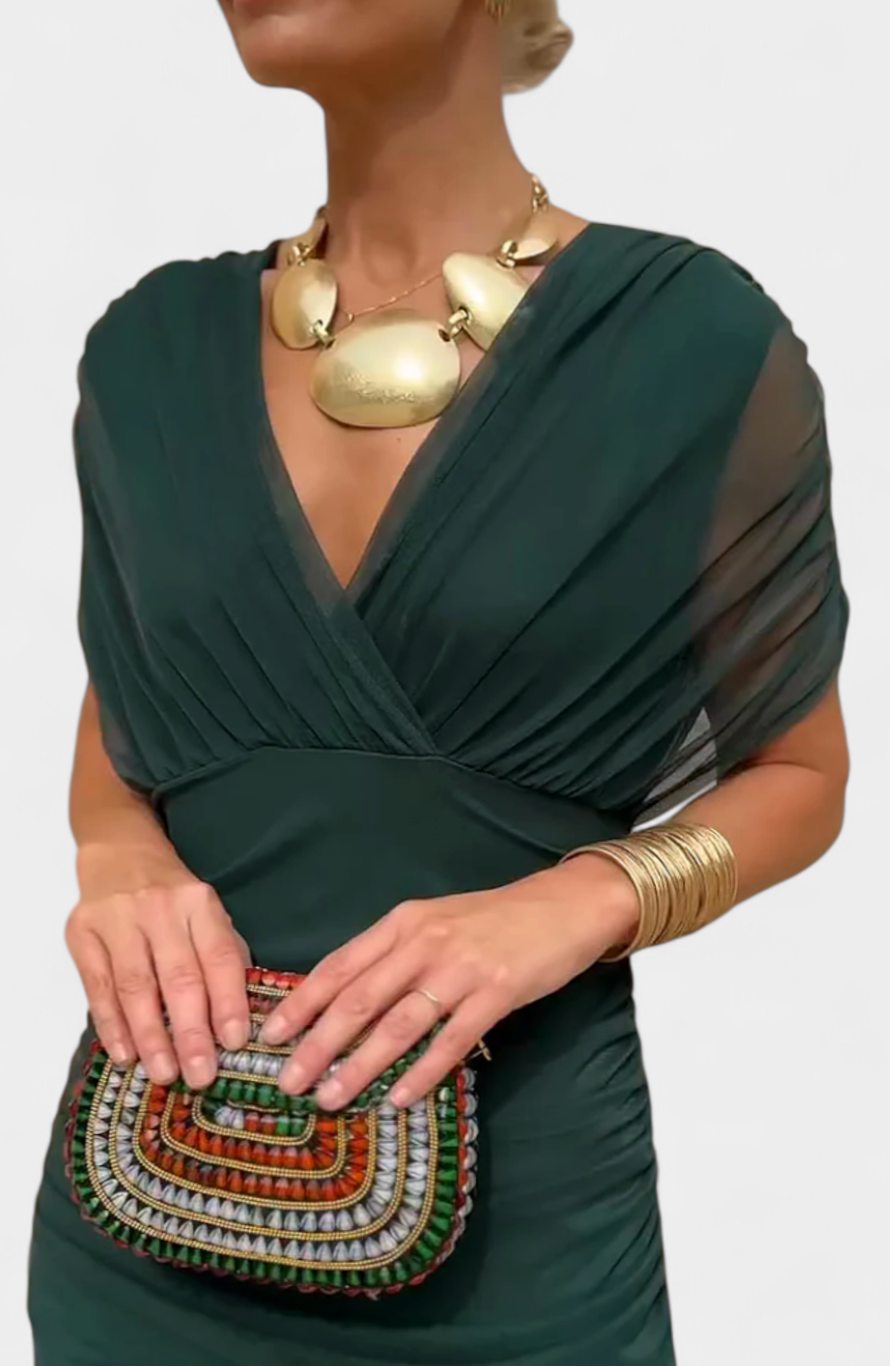 Women's Off-Shoulder V-Neck Pleated-Waist Elegant Maxi Dress - Green