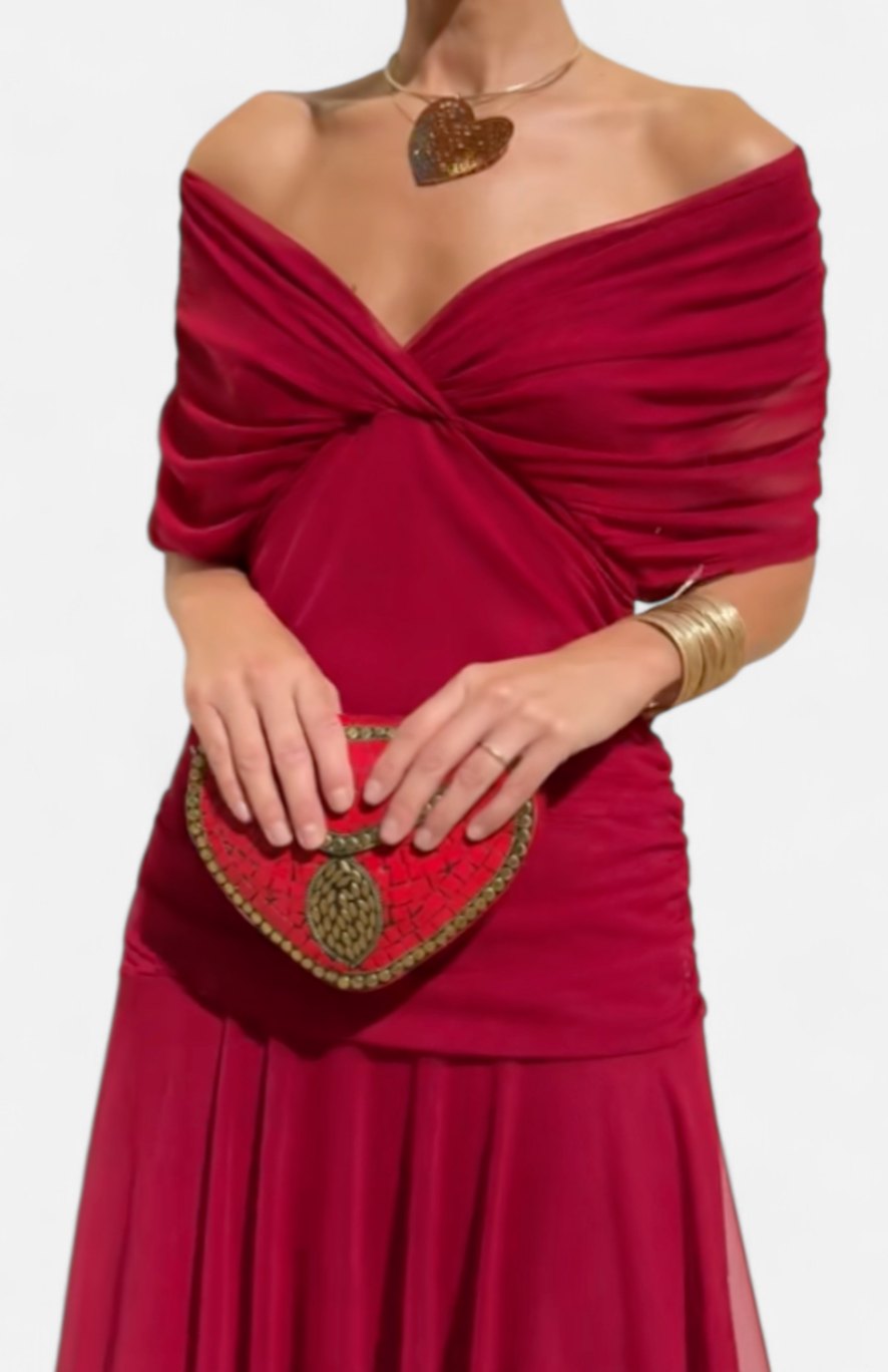 Women's Off-Shoulder V-Neck Pleated-Waist Elegant Maxi Dress - Red