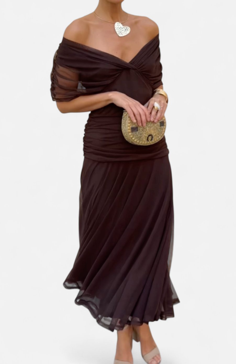 Women's Off-Shoulder V-Neck Pleated-Waist Elegant Maxi Dress