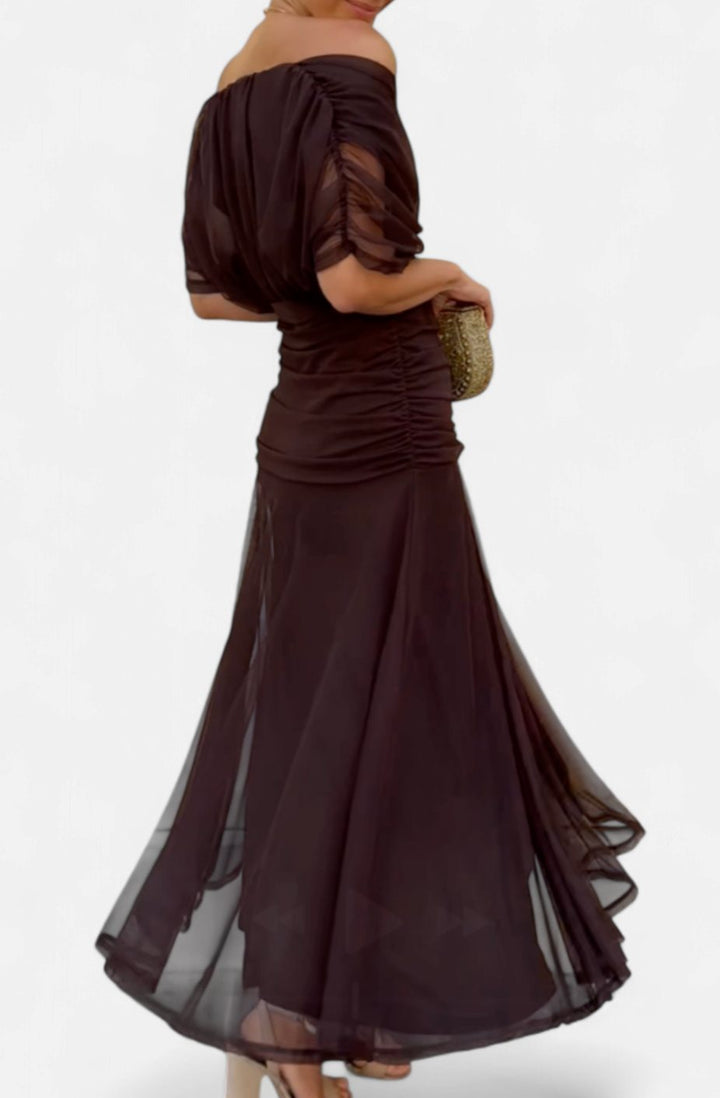 Women's Off-Shoulder V-Neck Pleated-Waist Elegant Maxi Dress