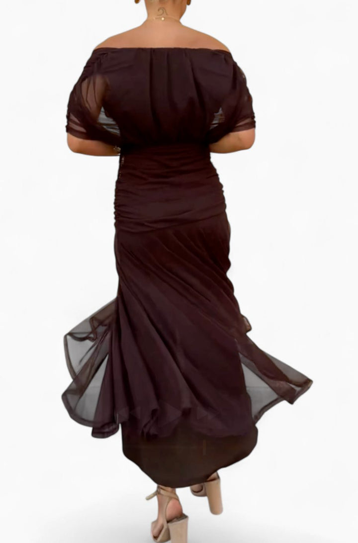 Women's Off-Shoulder V-Neck Pleated-Waist Elegant Maxi Dress