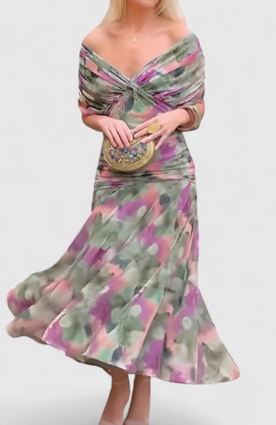 Women's Off-Shoulder V-Neck Pleated-Waist Elegant Maxi Dress - Green and Purple