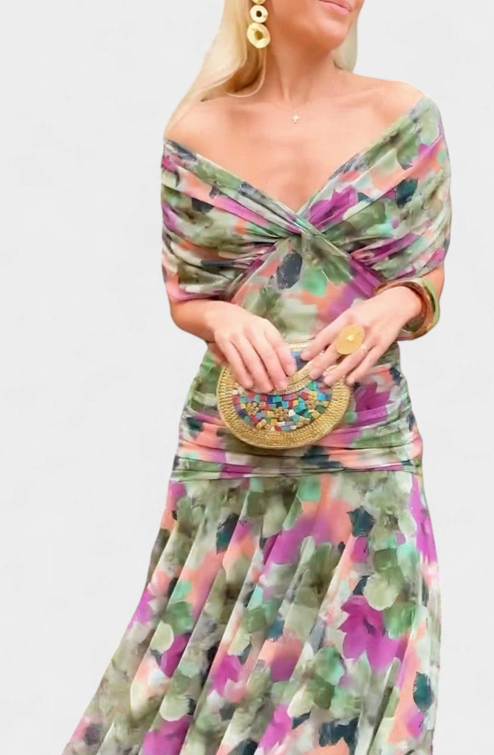 Women's Off-Shoulder V-Neck Pleated-Waist Elegant Maxi Dress